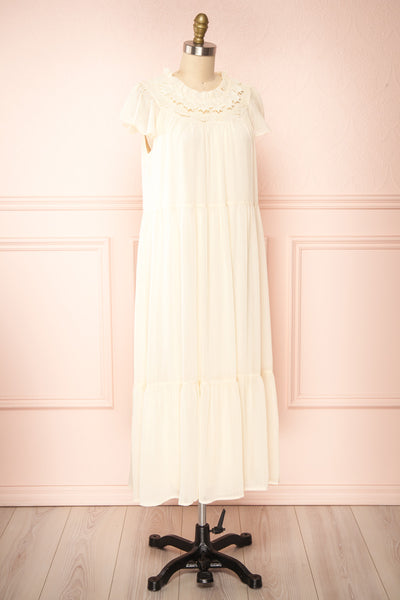 Eudoxia Beige Midi Dress w/ Embroidered Lace Collar | Boutique 1861 side view