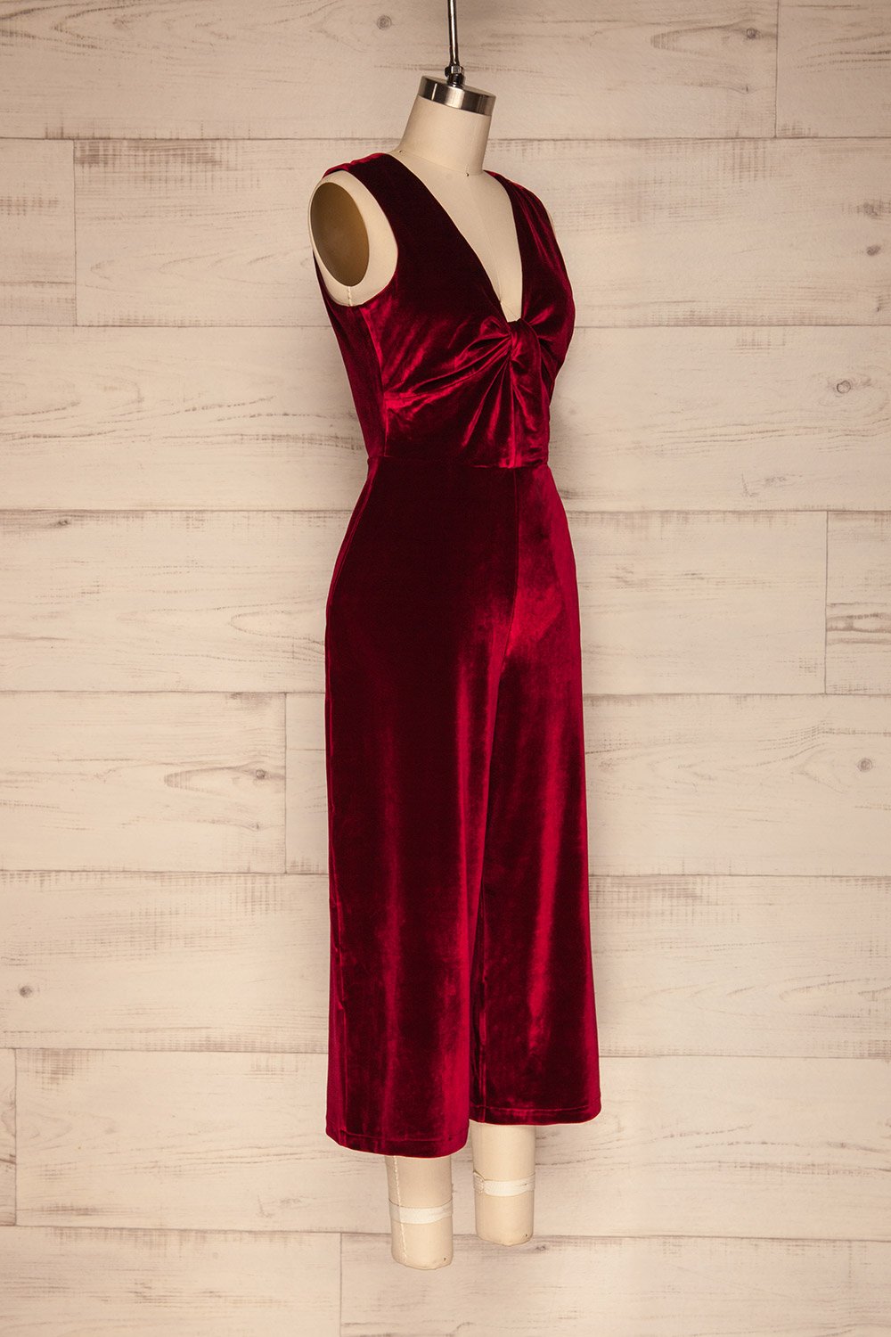 Eunomie Red Sleeveless Velvet Jumpsuit side view | La Petite Garçonne