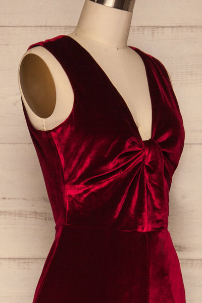 Eunomie Red Sleeveless Velvet Jumpsuit side close up | La Petite Garçonne