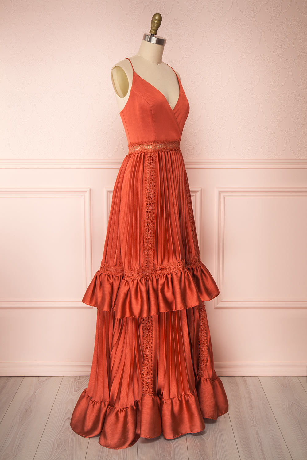 Euridice Burnt Orange Pleated Maxi Dress | Boutique 1861 side view 