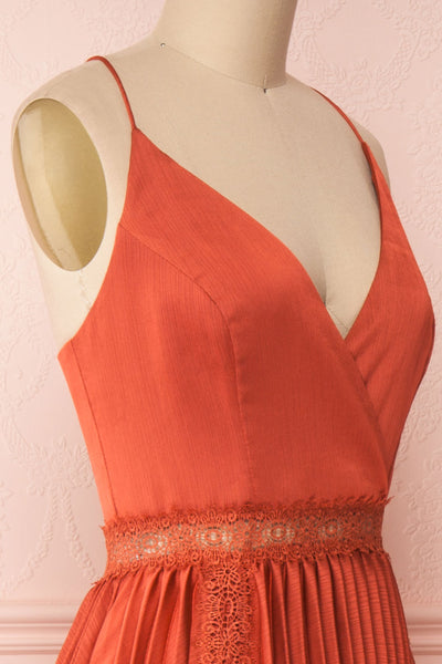Euridice Burnt Orange Pleated Maxi Dress | Boutique 1861 side close-up