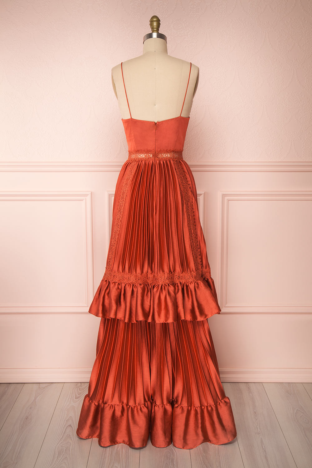 Euridice Burnt Orange Pleated Maxi Dress | Boutique 1861 back view 