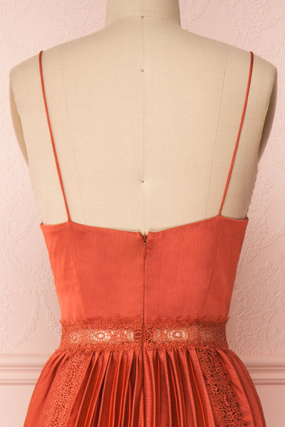 Euridice Burnt Orange Pleated Maxi Dress | Boutique 1861 back close-up