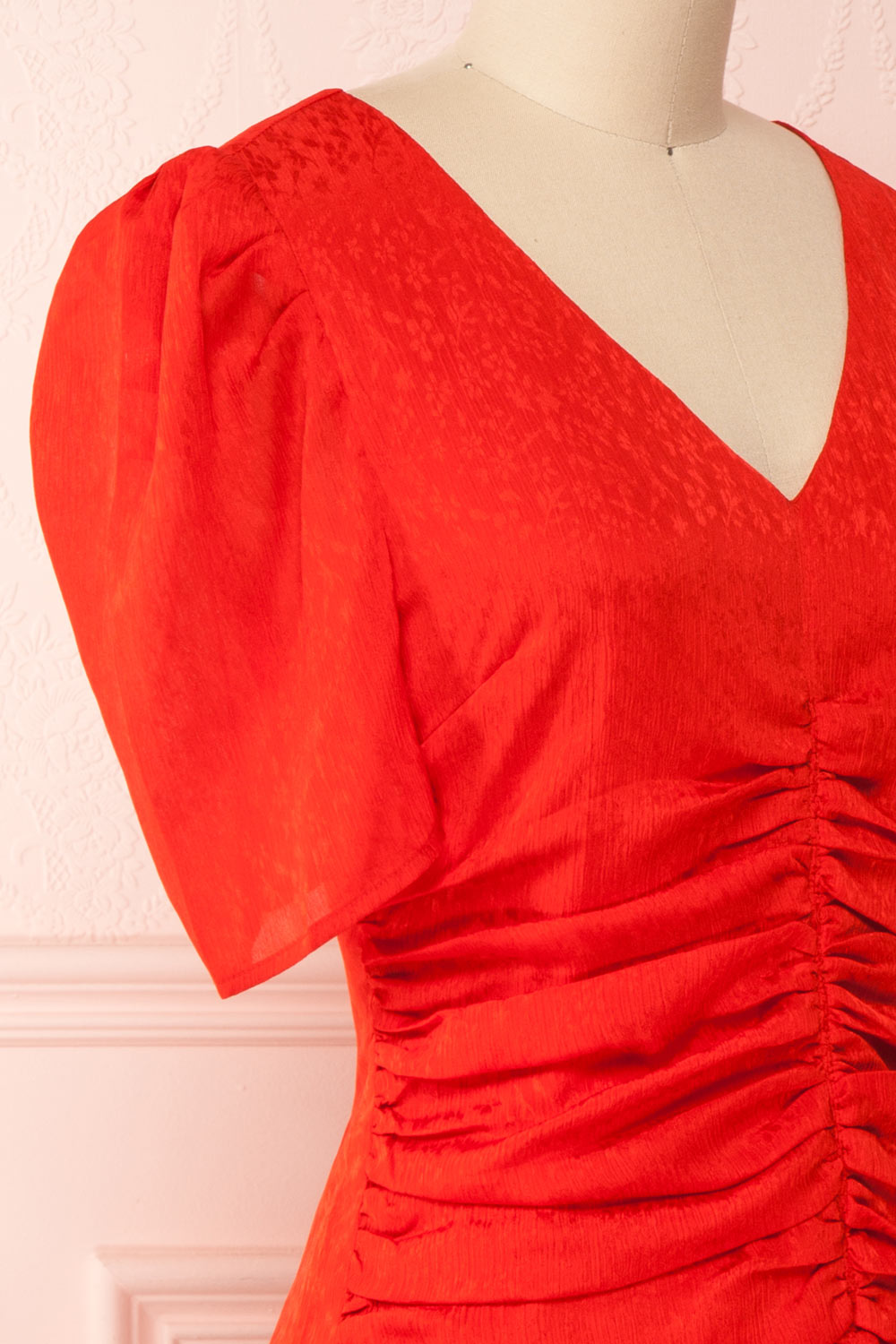 Eustacia Red Ruched Drop Waist Dress | Robe | Boutique 1861 side close-up