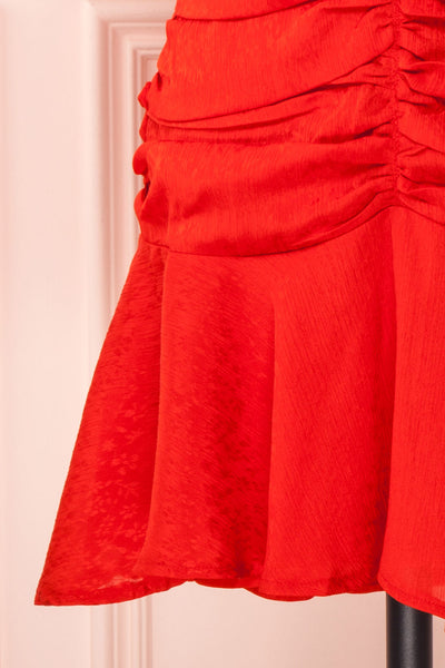 Eustacia Red Ruched Drop Waist Dress | Robe | Boutique 1861 bottom close-up