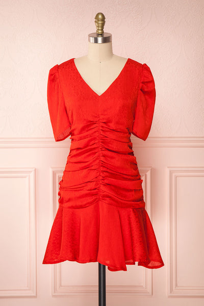 Eustacia Red Ruched Drop Waist Dress | Boutique 1861 front view