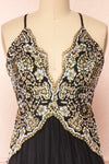 Evadne Black Gold Embroidered Maxi Dress | Boutique 1861 front close-up