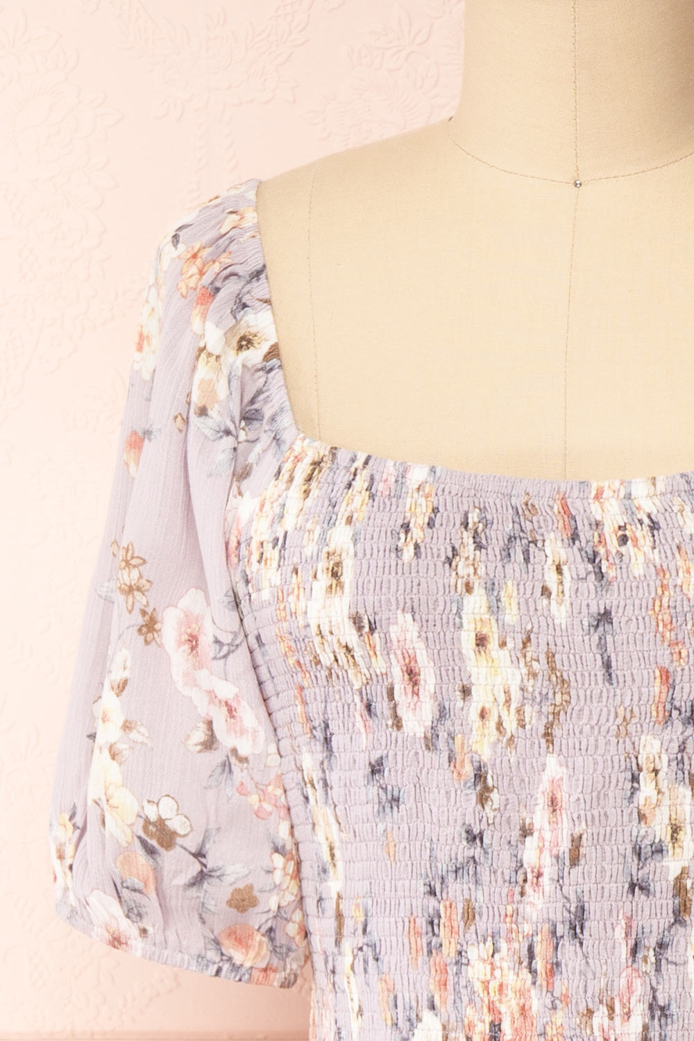 Evalina Lavender Floral Midi Dress | Boutique 1861 front close-up
