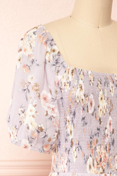 Evalina Lavender Floral Midi Dress | Boutique 1861 side close-up