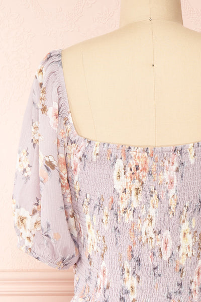 Evalina Lavender Floral Midi Dress | Boutique 1861 back close-up