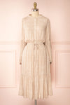 Evelyn Beige Long Sleeve Patterned Midi Dress w/ Cord | Boutique 1861 front view