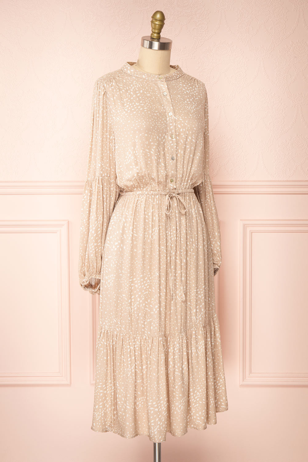 Evelyn Beige Long Sleeve Patterned Midi Dress w/ Cord | Boutique 1861 side view