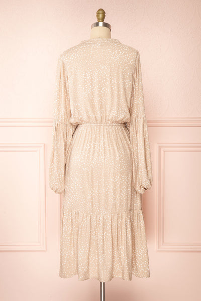 Evelyn Beige Long Sleeve Patterned Midi Dress w/ Cord | Boutique 1861 back view