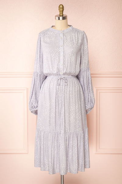 Evelyn Grey Long Sleeve Patterned Midi Dress w/ Cord | Boutique 1861 front view