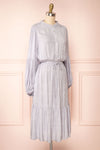 Evelyn Grey Long Sleeve Patterned Midi Dress w/ Cord | Boutique 1861 side view