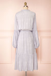Evelyn Grey Long Sleeve Patterned Midi Dress w/ Cord | Boutique 1861 back view