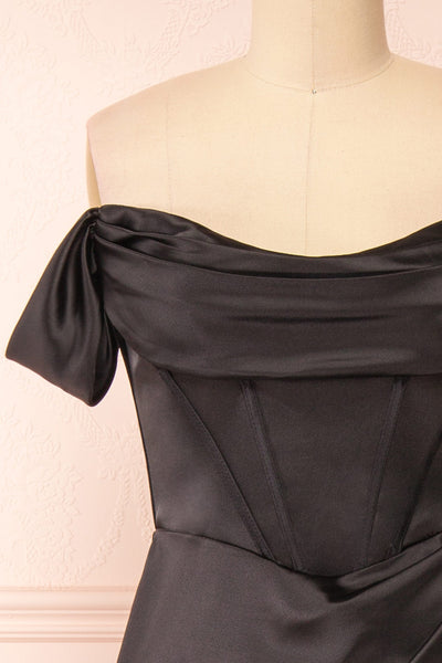 Evolet Black Off-Shoulder Corset Maxi Dress | Boudoir 1861 front close-up