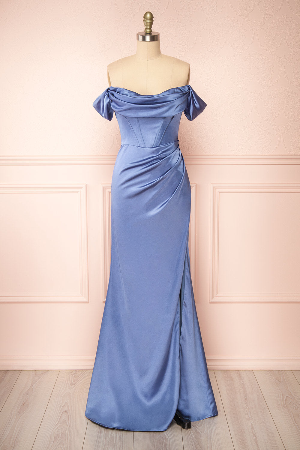 Evolet Blue Grey Off-Shoulder Corset Maxi Dress | Boudoir 1861 front view 
