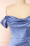 Evolet Blue Grey Off-Shoulder Corset Maxi Dress | Boudoir 1861  front close-up