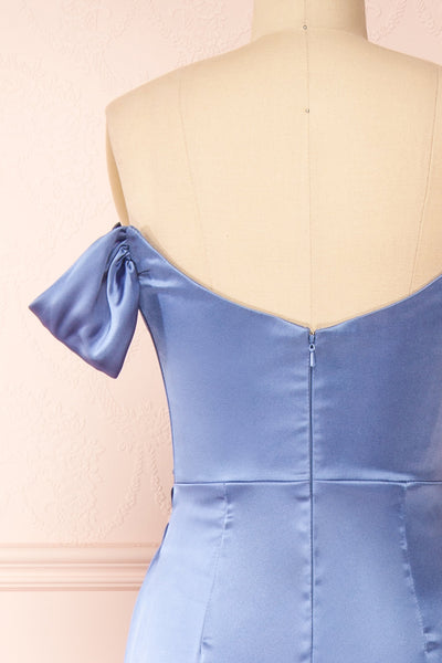 Evolet Blue Grey Off-Shoulder Corset Maxi Dress | Boudoir 1861  back close-up
