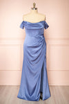 Evolet Blue Grey Off-Shoulder Corset Maxi Dress | Boudoir 1861 front plus size