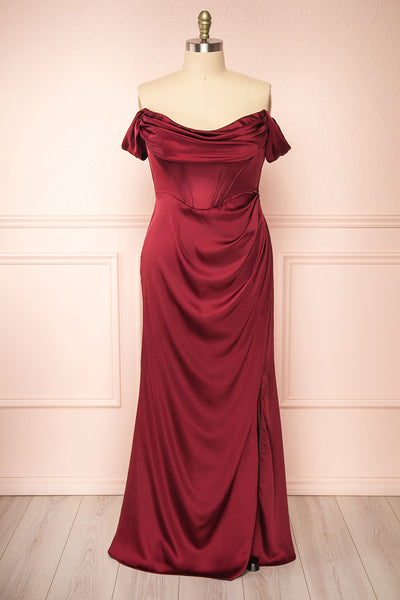 Evolet Burgundy Off-Shoulder Corset Maxi Dress | Boudoir  front plus size