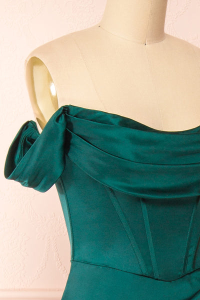 Evolet Green Off-Shoulder Corset Maxi Dress | Boudoir 1861 side close-up