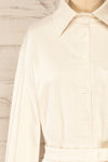 Evy Cream | Denim Belted Shirt Dress | La petite garçonne front close-up