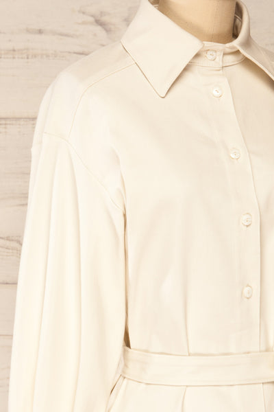 Evy Cream | Denim Belted Shirt Dress | La petite garçonne side close-up