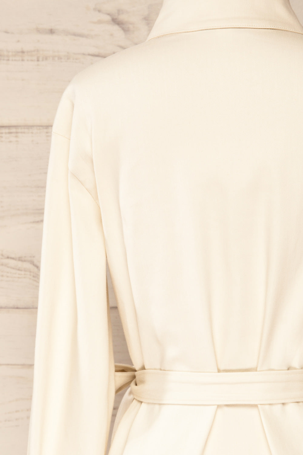Evy Cream | Denim Belted Shirt Dress | La petite garçonne back close-up