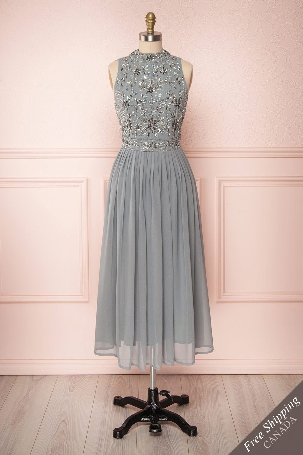 Ezpeleta Blue Grey Chiffon A-Line Dress with Sequins | Boutique 1861