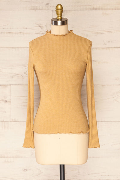 Faaset Beige Ribbed Top with Stand Collar | La petite garçonne front view