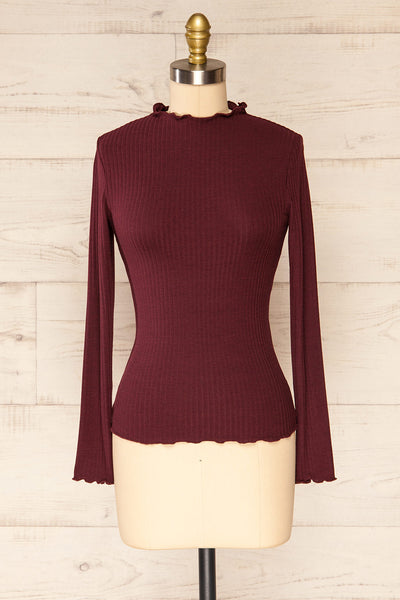 Faaset Burgundy Ribbed Top with Stand Collar | La petite garçonne front view