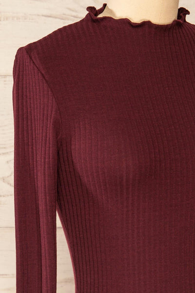 Faaset Burgundy Ribbed Top with Stand Collar | La petite garçonne side close-up