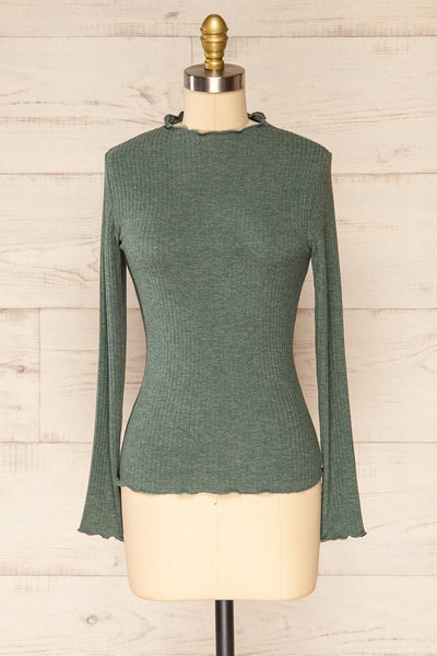 Faaset Green Ribbed Top with Stand Collar | La petite garçonne front view