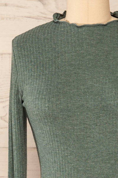 Faaset Green Ribbed Top with Stand Collar | La petite garçonne front close-up