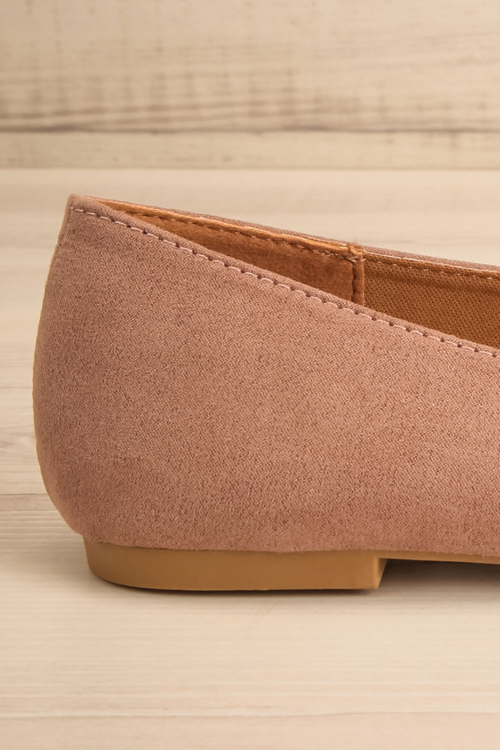 Facille Taupe Pointed Faux-Suede Loafers | La petite garçonne side back close-up