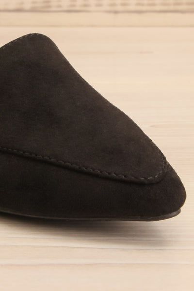 Facille Black Pointed Faux-Suede Loafers | La petite garçonne front close-up