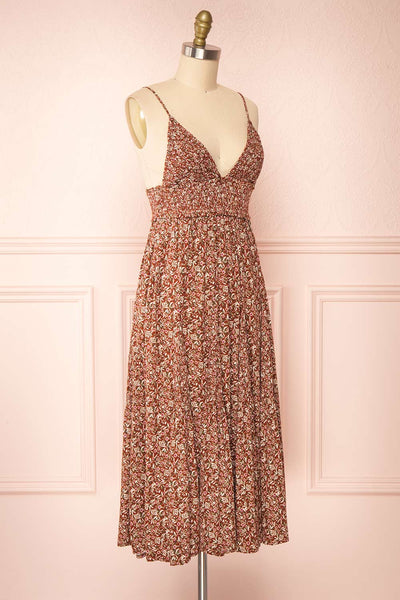Faiza Brown Floral V-Neck Maxi Dress w/ Thin Straps | Boutique 1861 side view