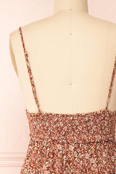Faiza Brown Floral V-Neck Maxi Dress w/ Thin Straps | Boutique 1861 back close-up