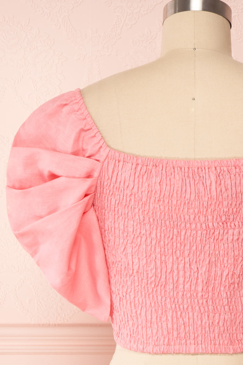 Fallviken Pink Crop Top w/ Puffy Sleeves back close up | Boutique 1861