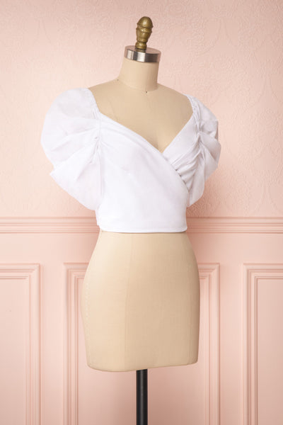 Fallviken White Crop Top w/ Puffy Sleeves side view | Boutique 1861