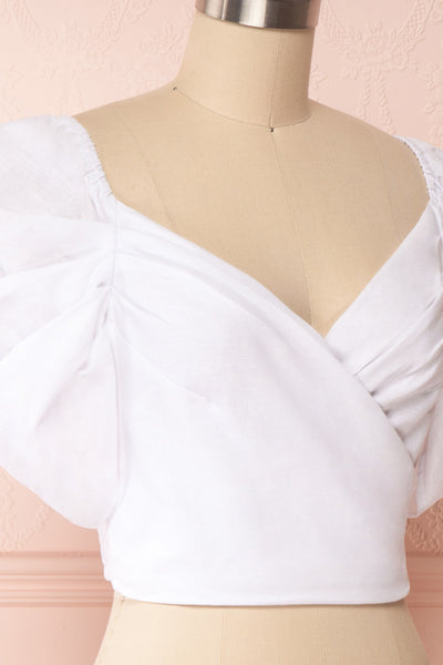 Fallviken White Crop Top w/ Puffy Sleeves side close up | Boutique 1861