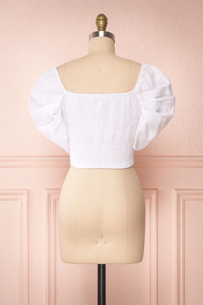 Fallviken White Crop Top w/ Puffy Sleeves back close up | Boutique 1861
