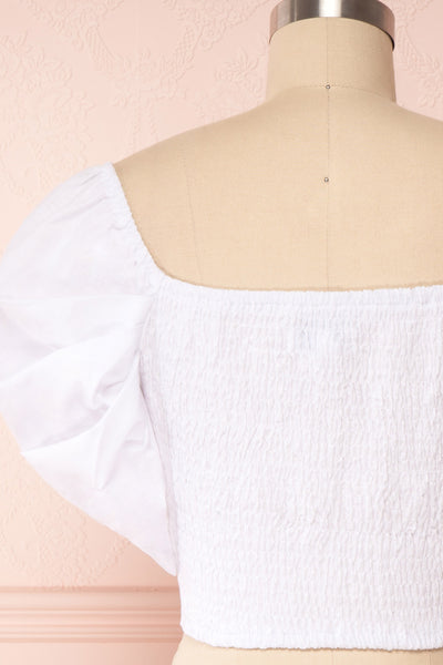 Fallviken White Crop Top w/ Puffy Sleeves back close up | Boutique 1861