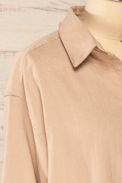 Faro Beige Button-Up Long Sleeve Shirt | La petite garçonne side close-up