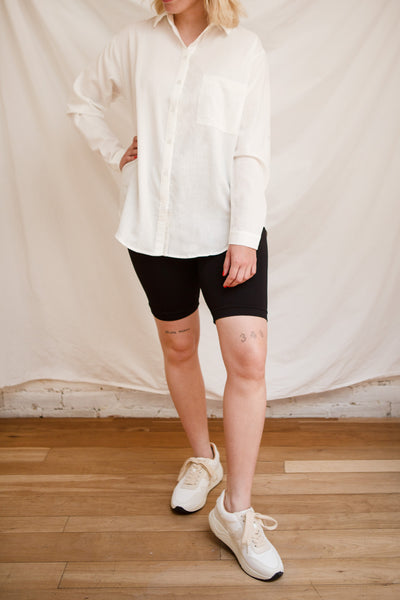 Faro Beige Oversized Button-Up Shirt | La petite garçonne model