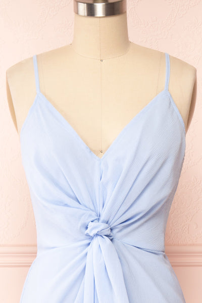 Fatost Blue Knotted Maxi Dress w/ Slit | Boutique 1861  front close up