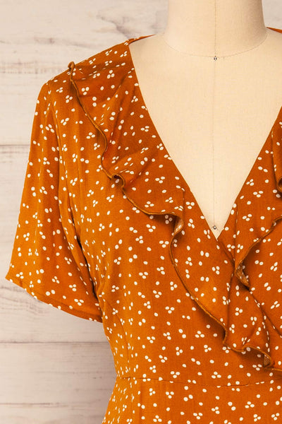 Fauskevaag Orange Patterned Short Dress | La petite garçonne  front close-up