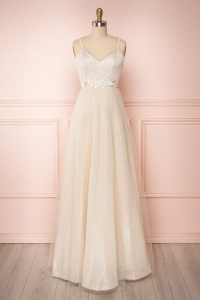 Fauve Beige Sparkly Mesh A-Line Gown | Boutique 1861